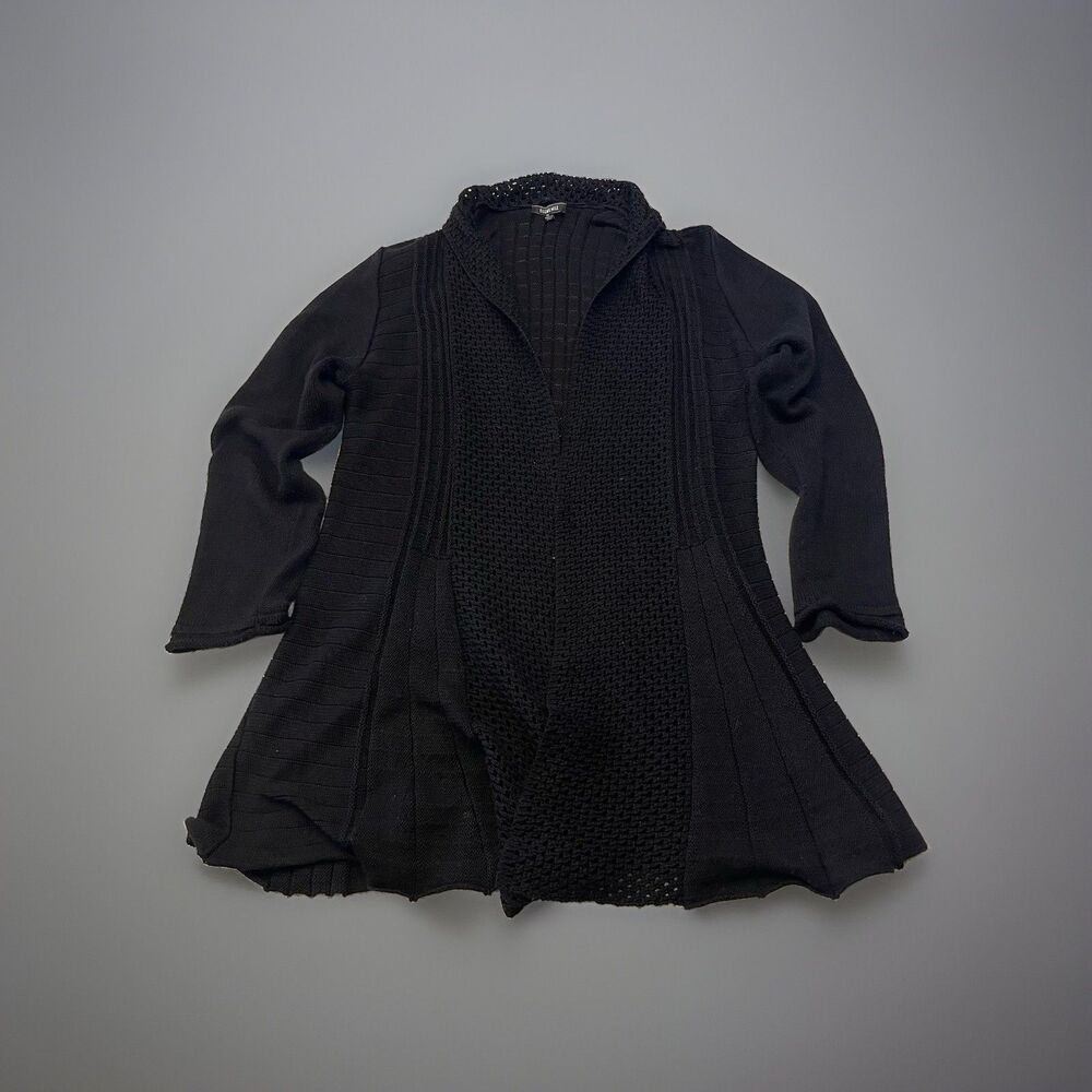 Elementz Womens XL Cardigan Sweater Black Open Front Knit Crochet Trim Long